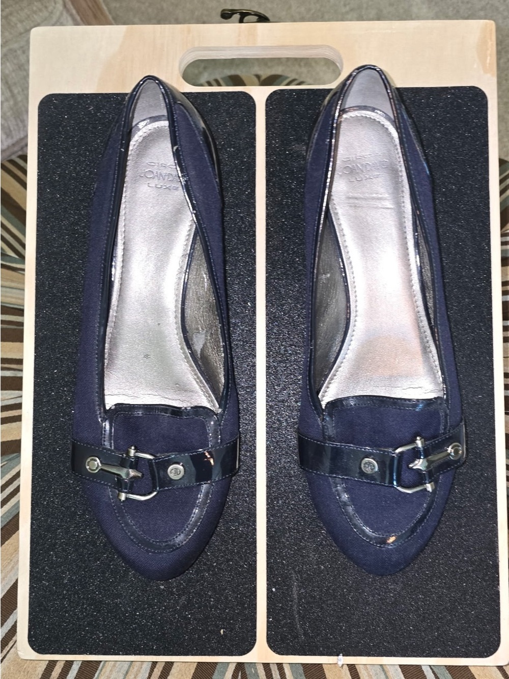 Classic Navy Women's Loafers with Silver Buckle - Patent leather
